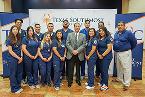 TSC President Jesús Roberto Rodríguez (center) with Respiratory Care program students and Respiratory Care Instructor Alberto Vasquez during Breakfast with the President at the college’s ITEC Center Sept. 25, 2019.